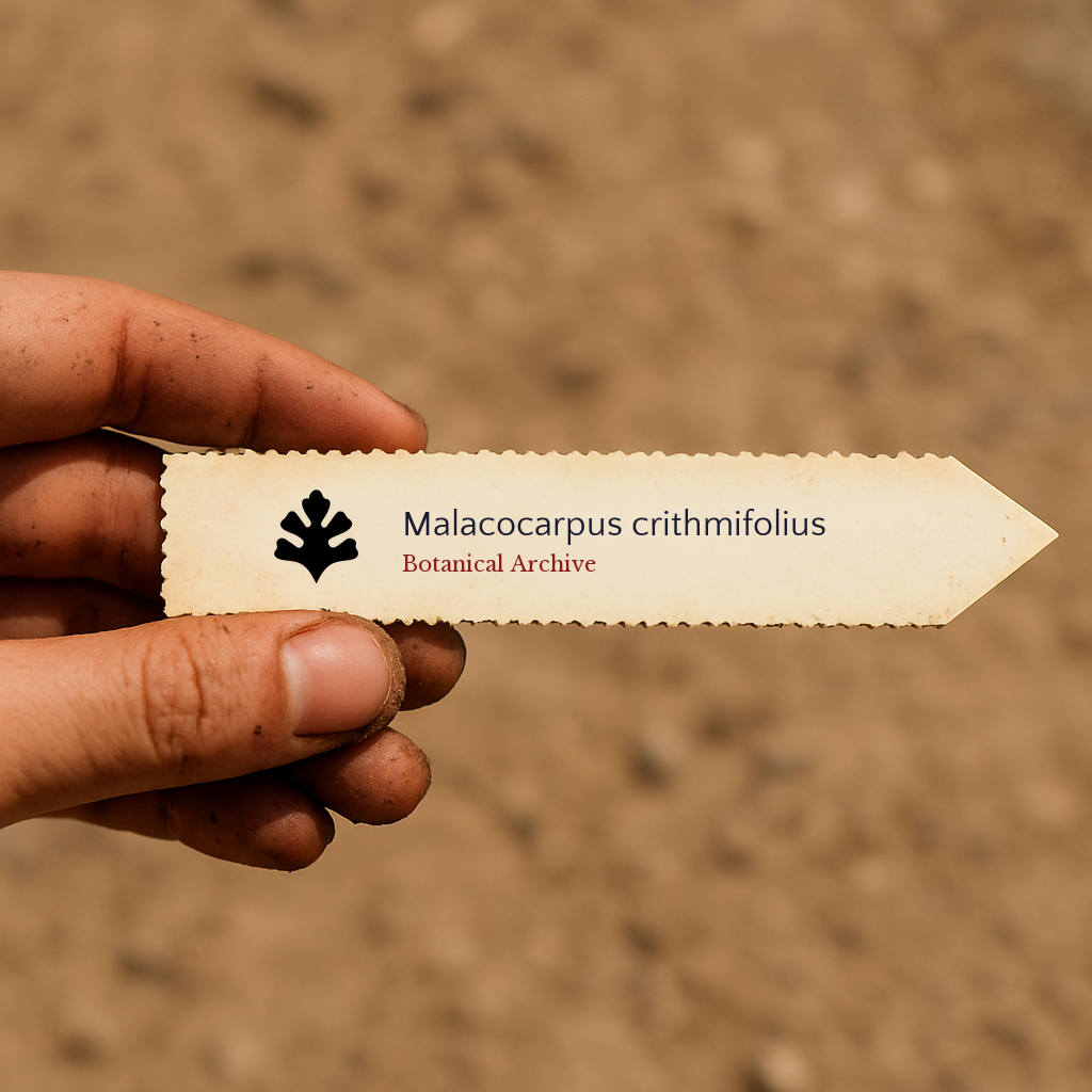 Etichetta stampata per pianta di Malacocarpus crithmifolius tenuta in mano su sfondo sfocato di terreno