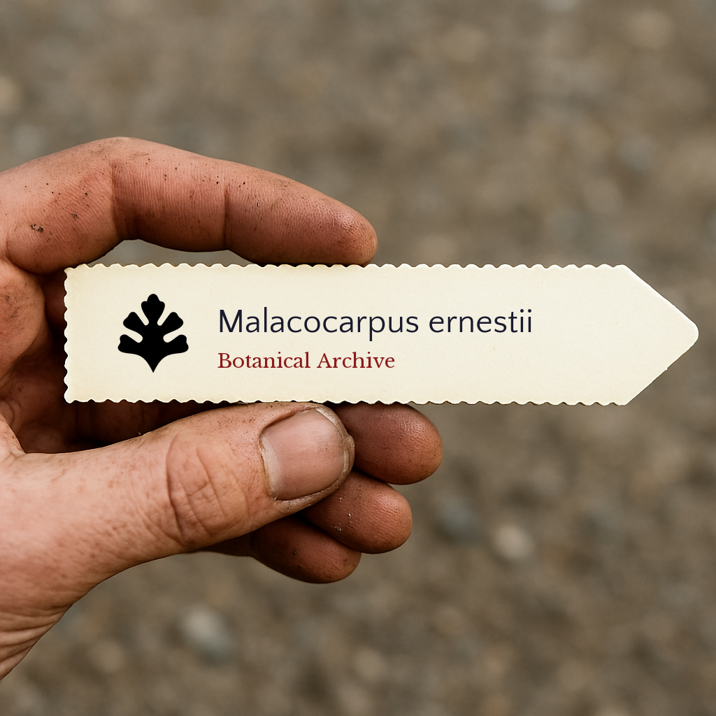 Printed plant label for Malacocarpus ernestii held by a dirt-covered hand outdoors