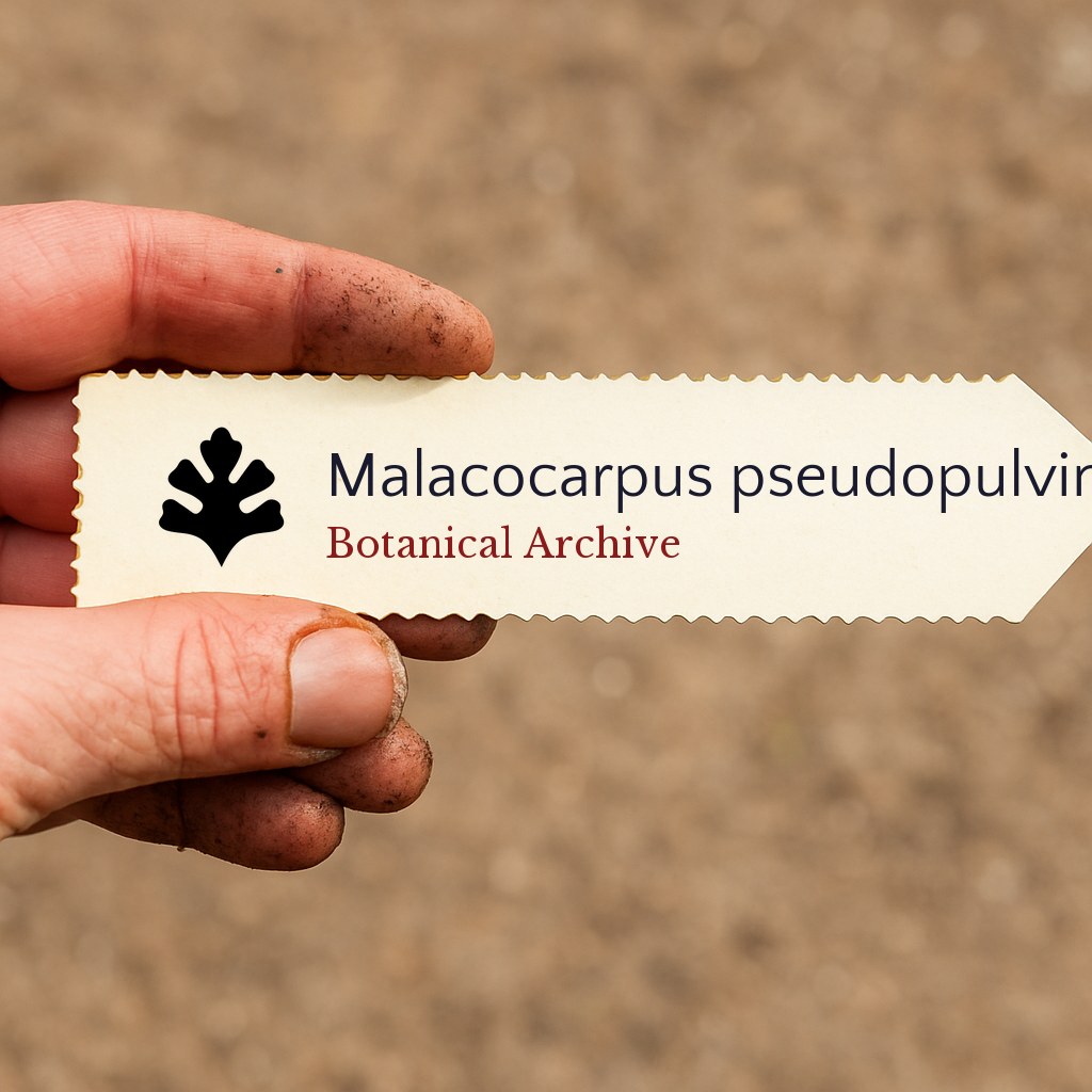 Printed plant label for Malacocarpus pseudopulvinata held by dirty hand outdoors