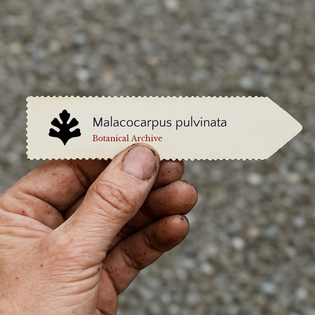 Printed plant label for Malacocarpus pulvinata held by gardener with dirty hands