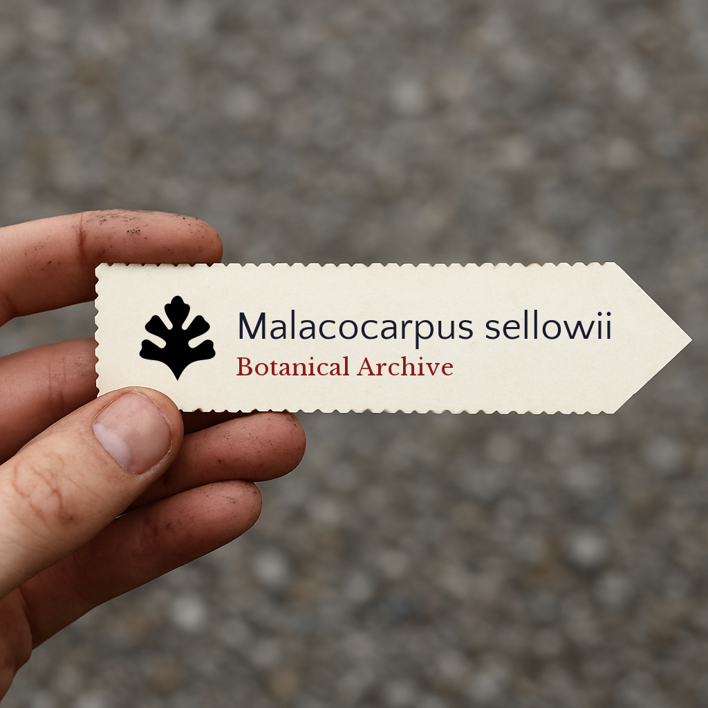 Printed plant label for Malacocarpus sellowii with botanical archive logo held by hand
