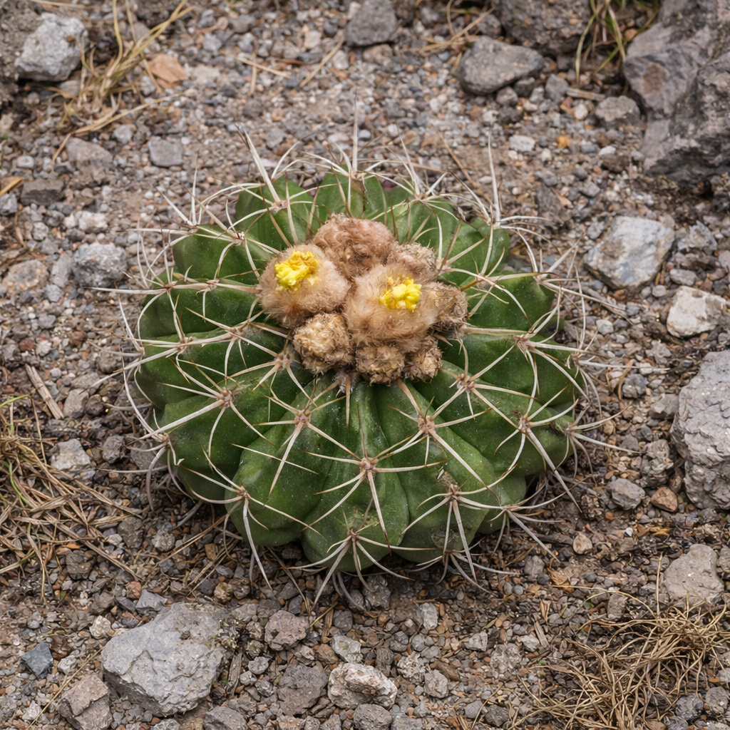 Malacocarpus erinacea raro cactus rotondo con fiori gialli e spine lunghe su terreno roccioso