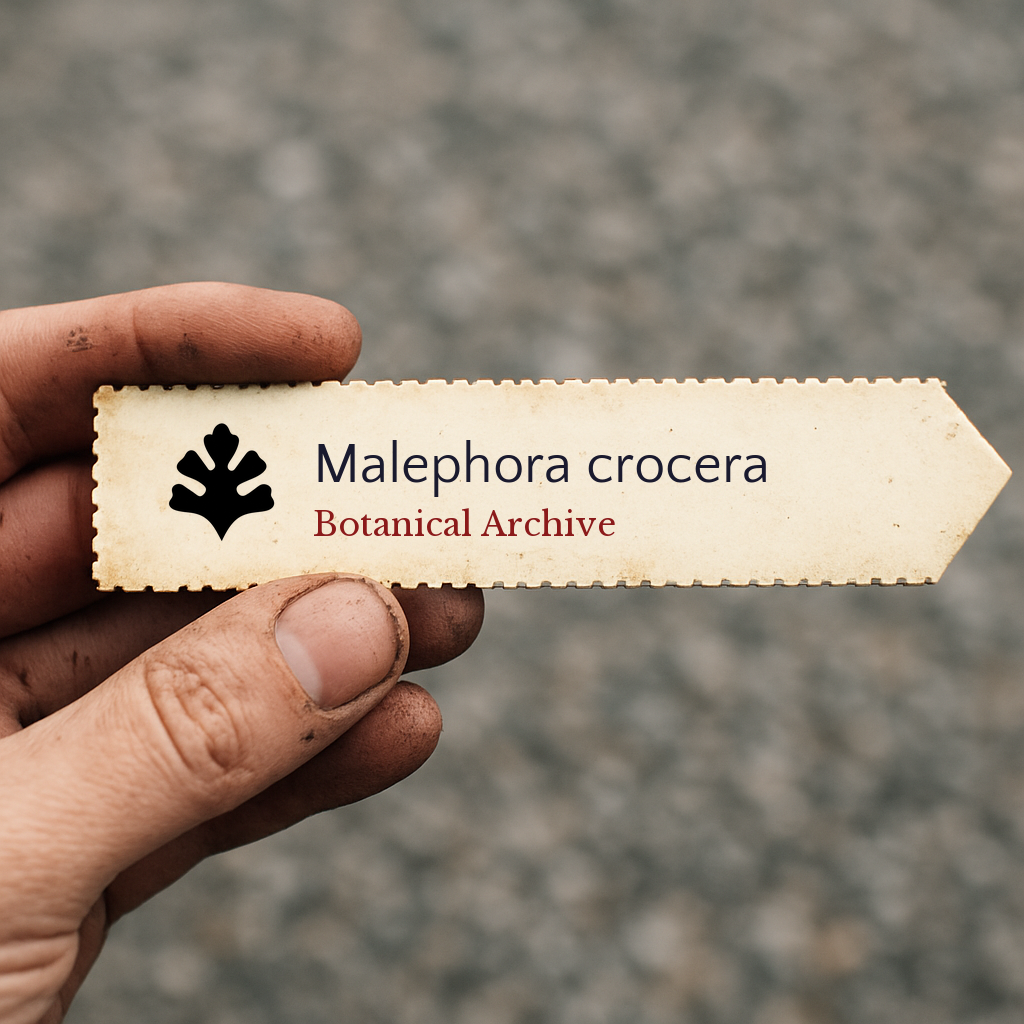 Etichetta botanica stampata per Malephora crocera con il logo di Botanical Archive tenuta a mano
