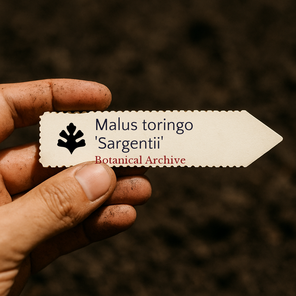 Printed plant label for Malus toringo 'Sargentii' held by hand over soil background