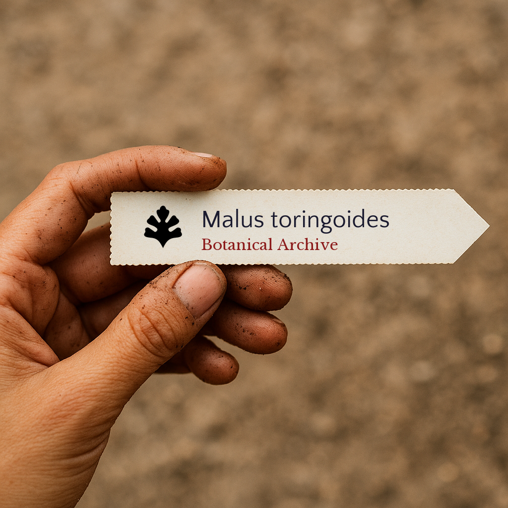 Printed plant label for Malus toringoides held by hand with soil background