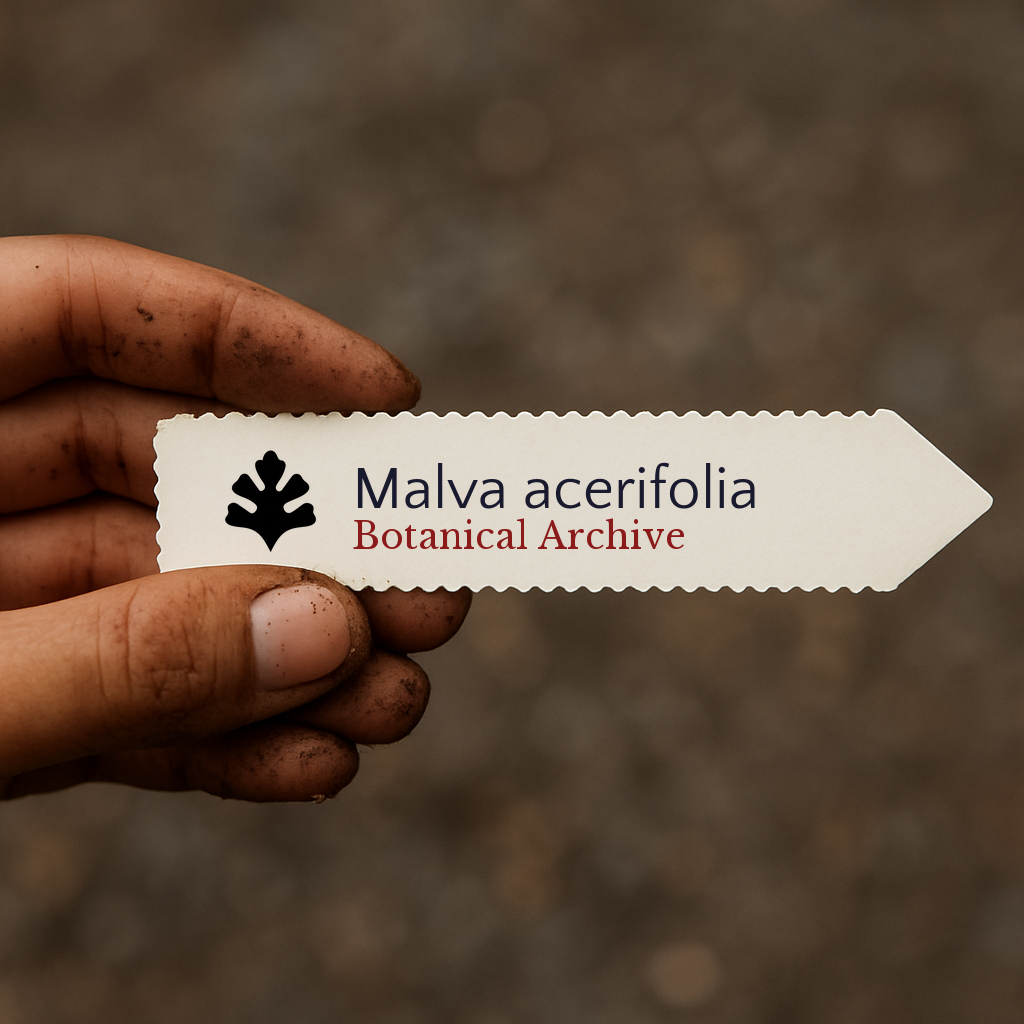 Printed plant label for Malva acerifolia held by dirty hand against blurred background