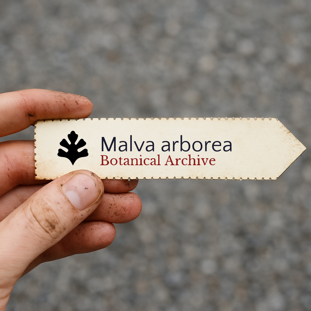 Etichetta stampata per pianta di Malva arborea tenuta in mano con terra sulle dita