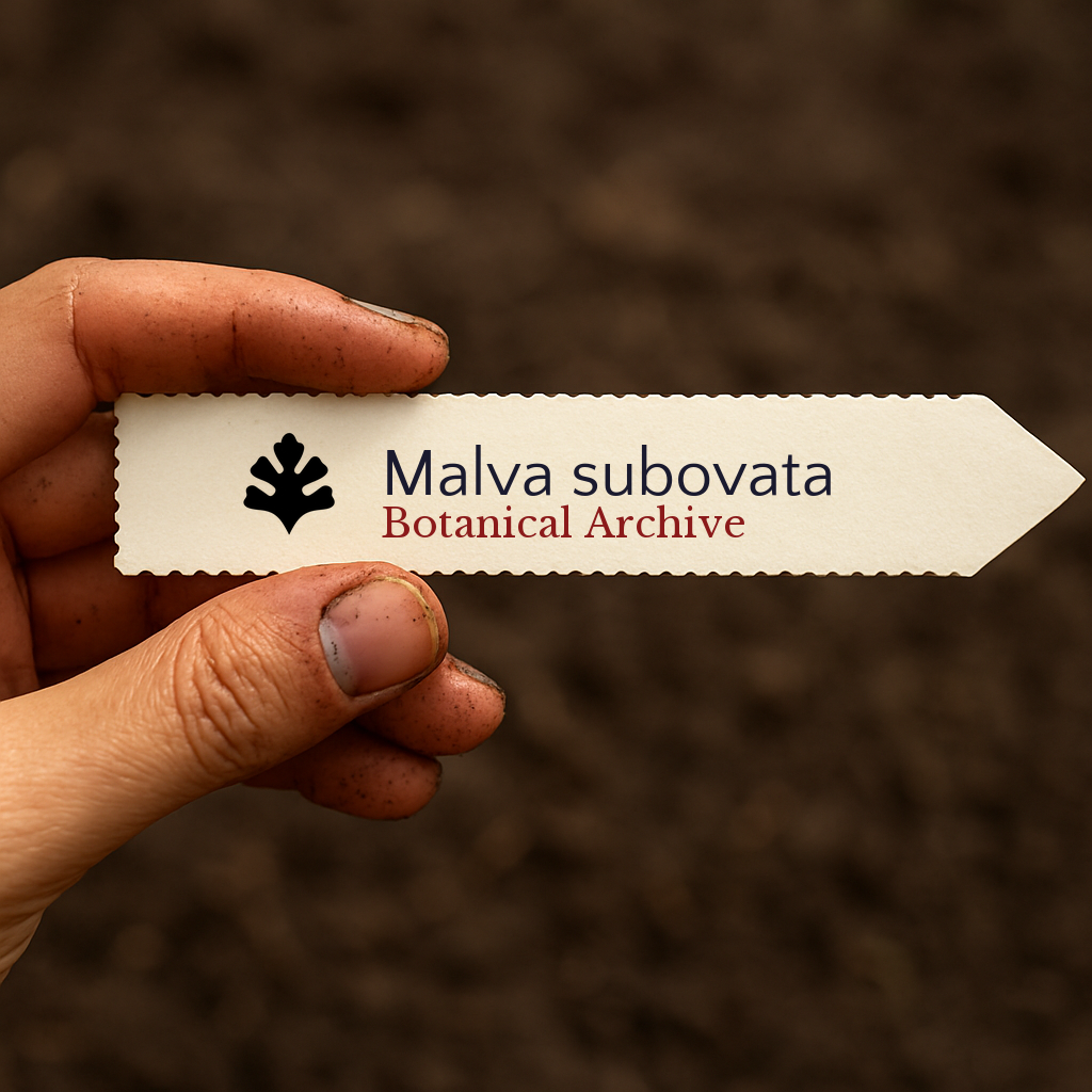 Printed plant label for Malva subovata held by hand with soil background