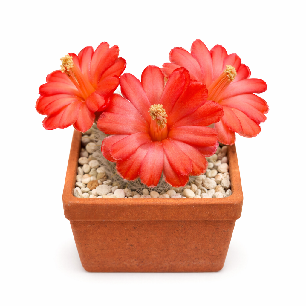 Cactus Mamillopsis diguetii con fiori rosso vivace in vaso di terracotta