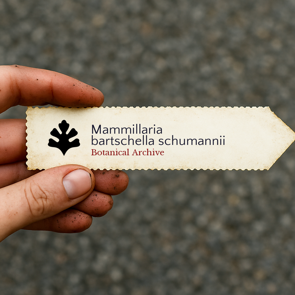 Printed plant label for Mammillaria bartschella schumannii held by dirty hand outdoors