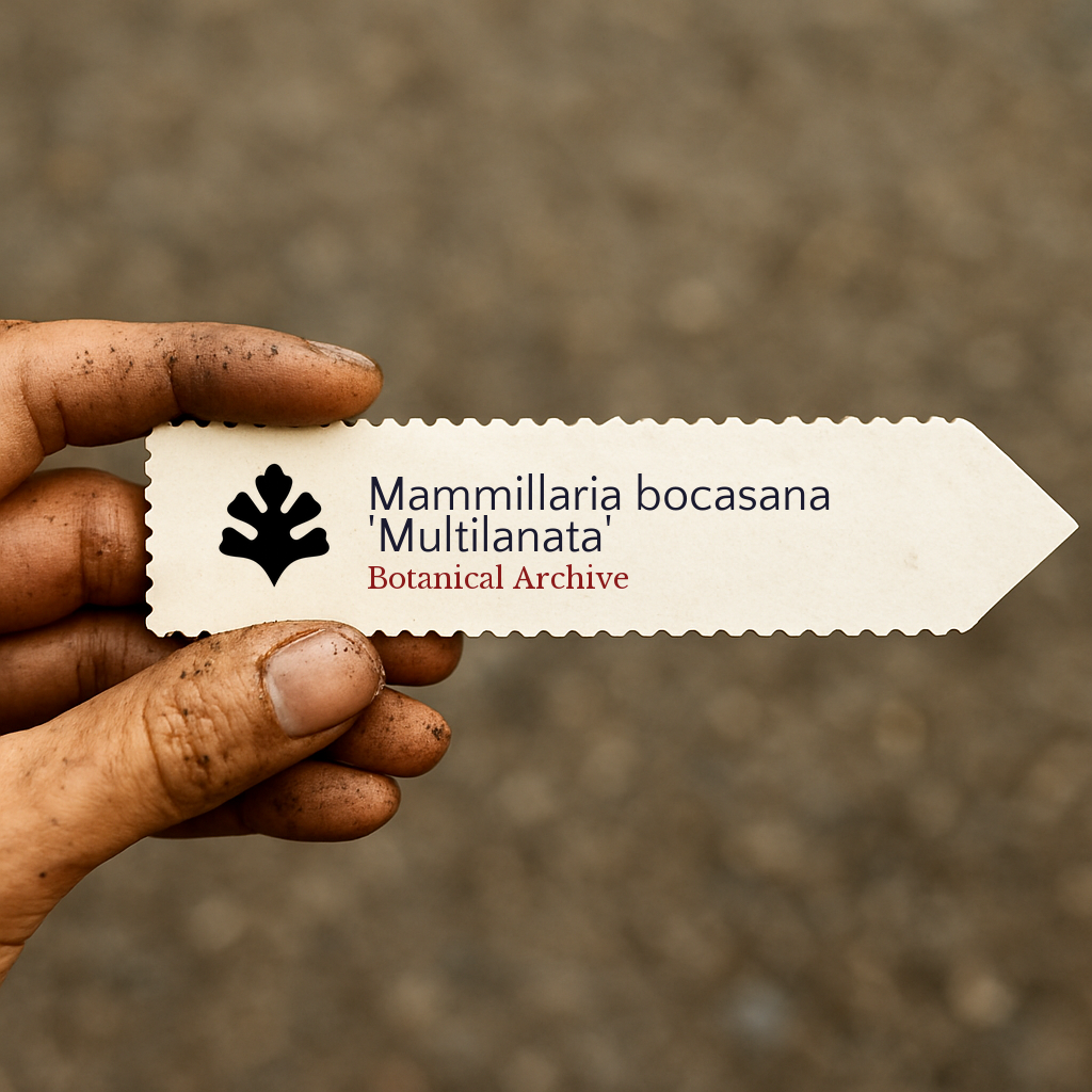 Printed plant label for Mammillaria bocasana 'Multilanata' held by dirty hand outdoors