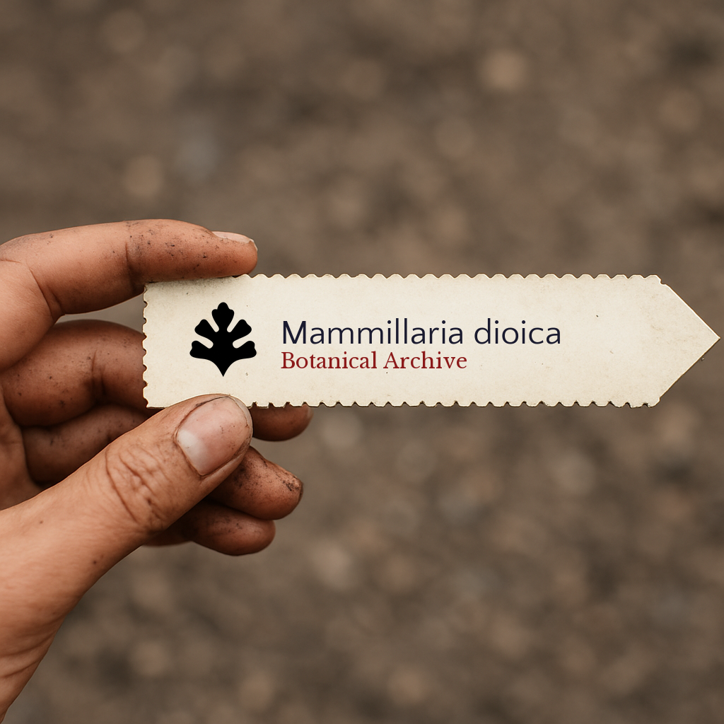 Etichetta per piante stampata per Mammillaria dioica tenuta in mano con sfondo di terreno