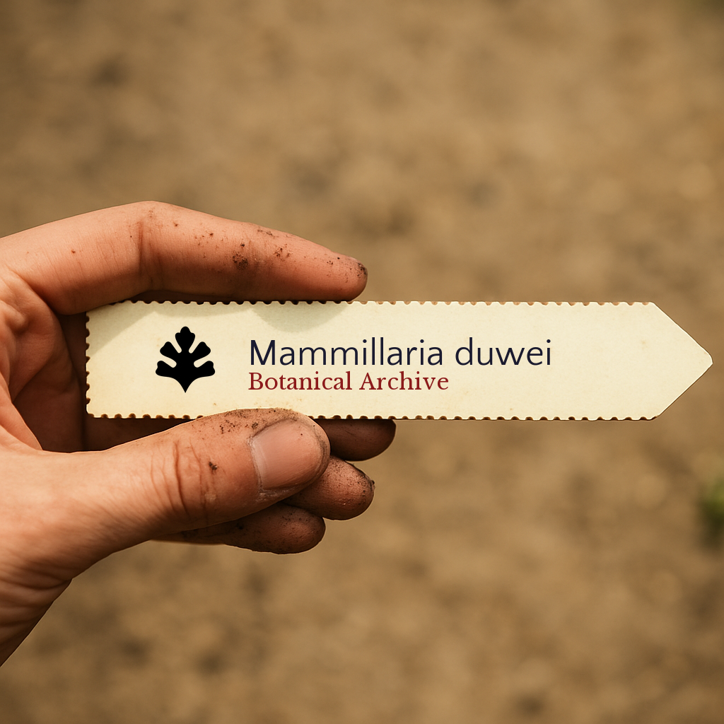 Printed plant label for Mammillaria duwei held by hand with soil background