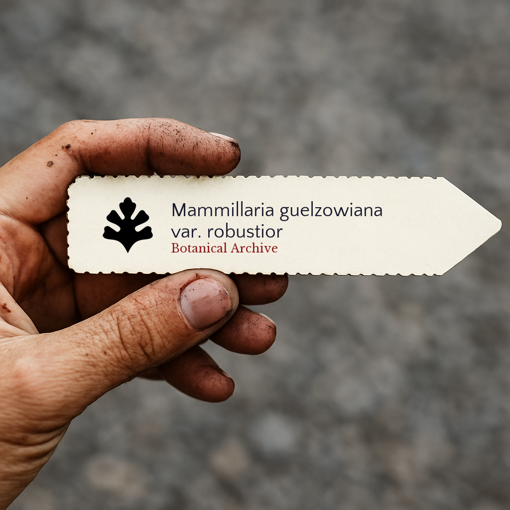 Printed plant label for Mammillaria guelzowiana var. robustior held in hand with dirt background