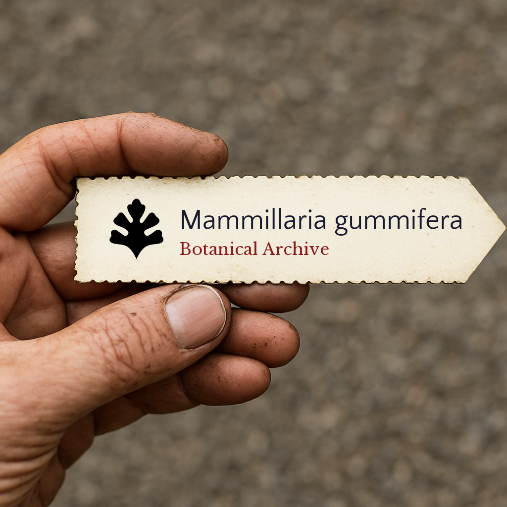 Etichetta per piante stampata per Mammillaria gummifera tenuta in mano con sfondo strutturato