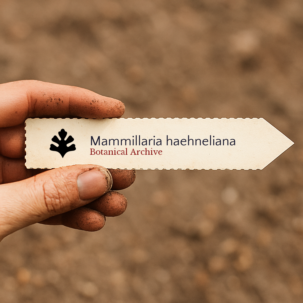 Printed plant label for Mammillaria haehneliana held by dirty hand over soil background