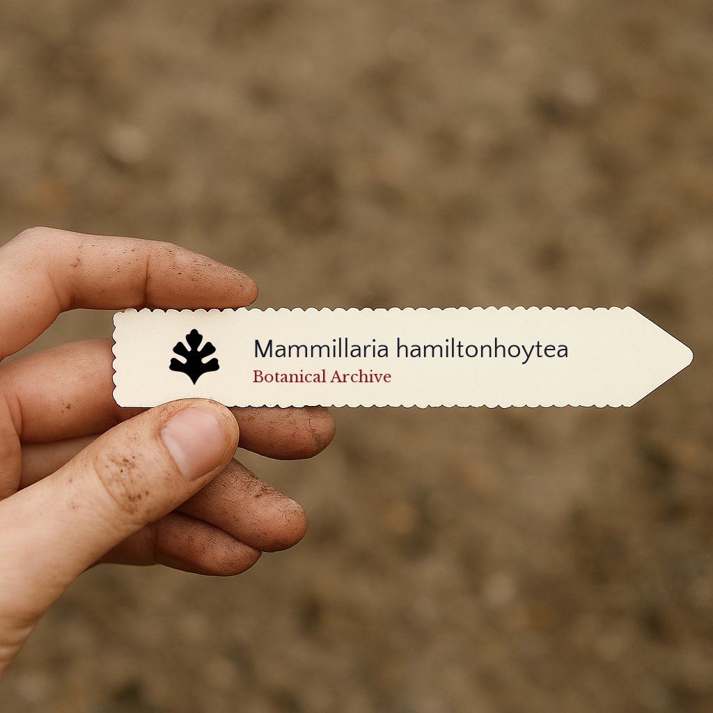 Printed plant label for Mammillaria hamiltonhoytea held by hand with soil background