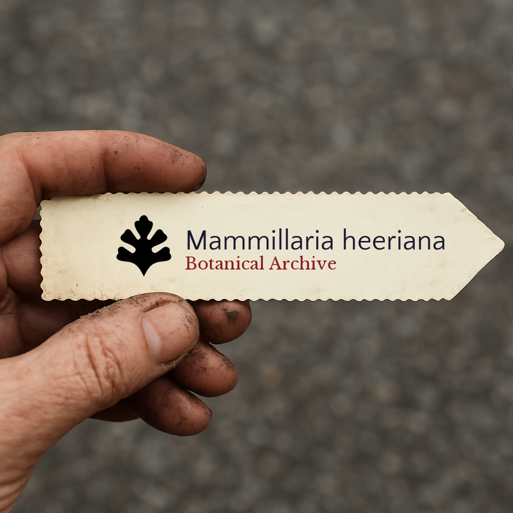 Printed plant label for Mammillaria heeriana held by dirty hand outdoors
