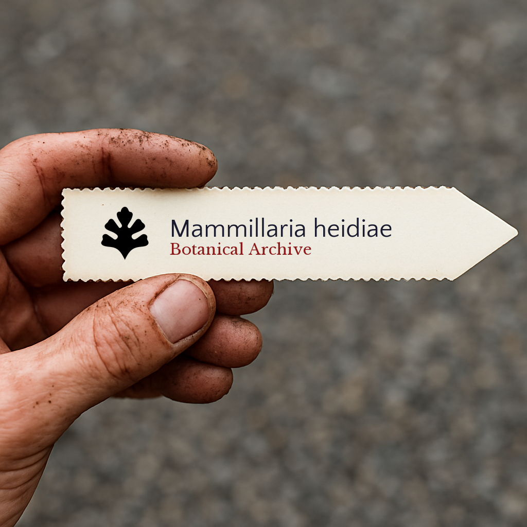 Printed plant label for Mammillaria heidiae held by a hand with soil on fingers