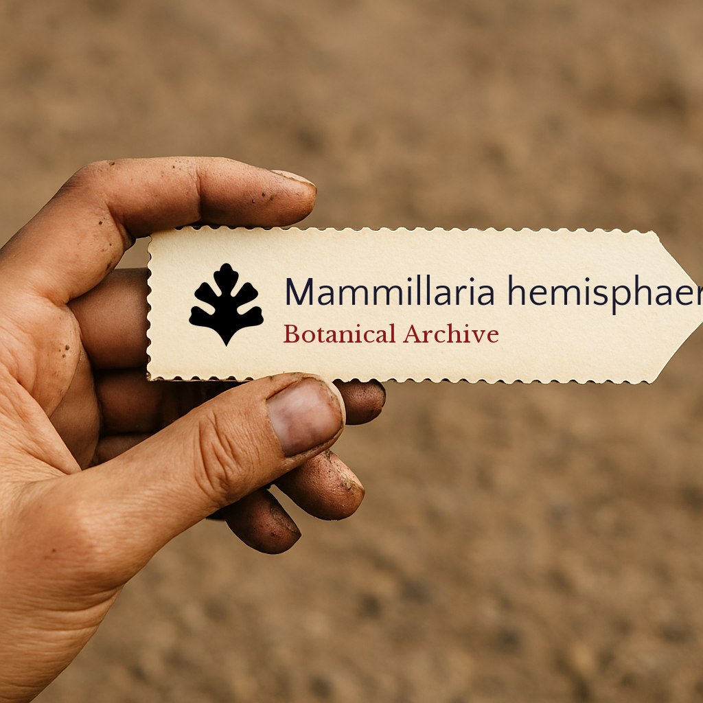 Etichetta piantina stampata per Mammillaria hemisphaerica tenuta a mano con sfondo di terreno