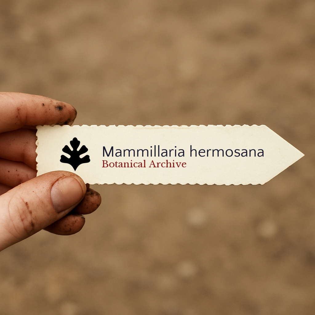 Printed plant label for Mammillaria hermosana held by dirty hand outdoors