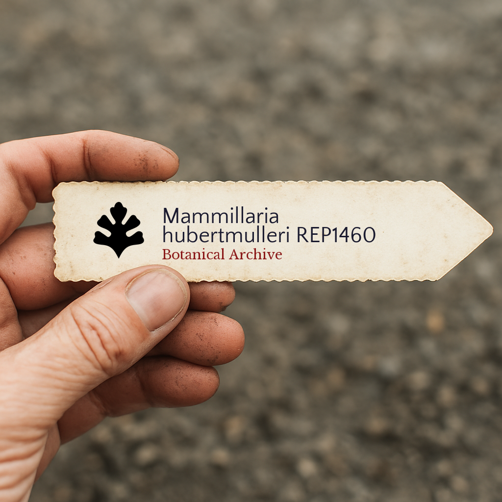 Etichetta per pianta stampata per Mammillaria hubertmulleri REP1460 tenuta in mano su sfondo di terreno