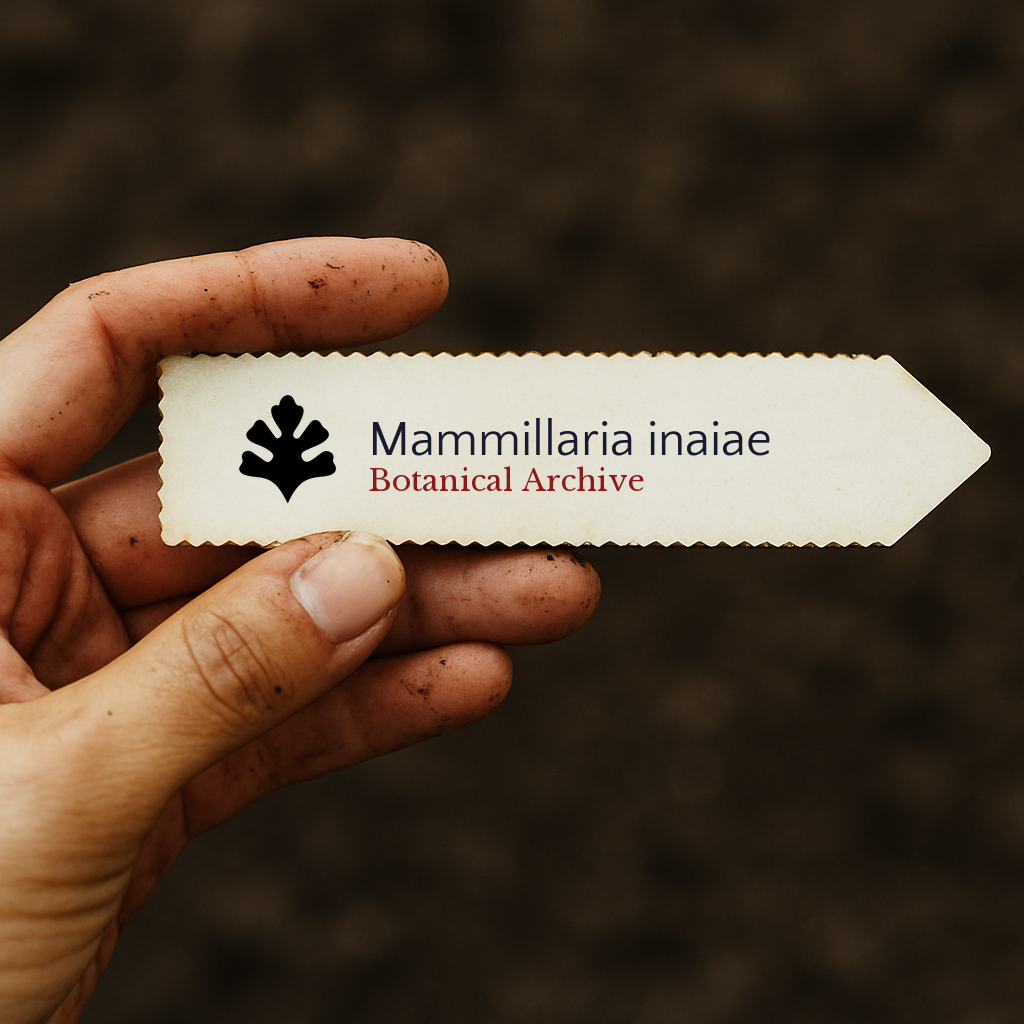 Printed plant label for Mammillaria inaiae held by dirty hand over soil background
