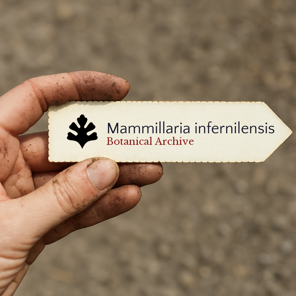 Etichetta stampata per pianta Mammillaria infernilensis tenuta da mano sporca all'aperto