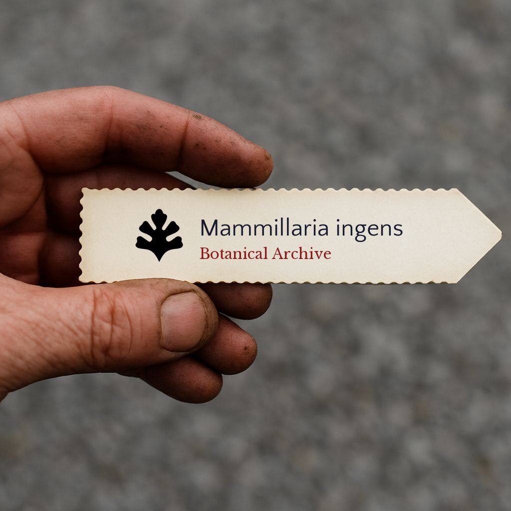 Etichetta per piante stampata per Mammillaria ingens tenuta a mano con terra sotto le unghie