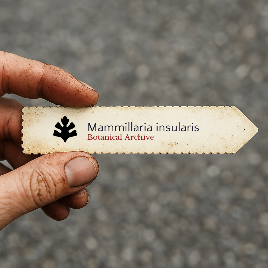 Printed plant label for Mammillaria insularis held by hand with dirt on fingers