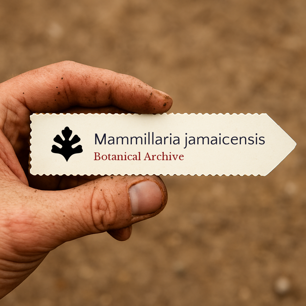 Printed plant label for Mammillaria jamaicensis held by hand with soil background