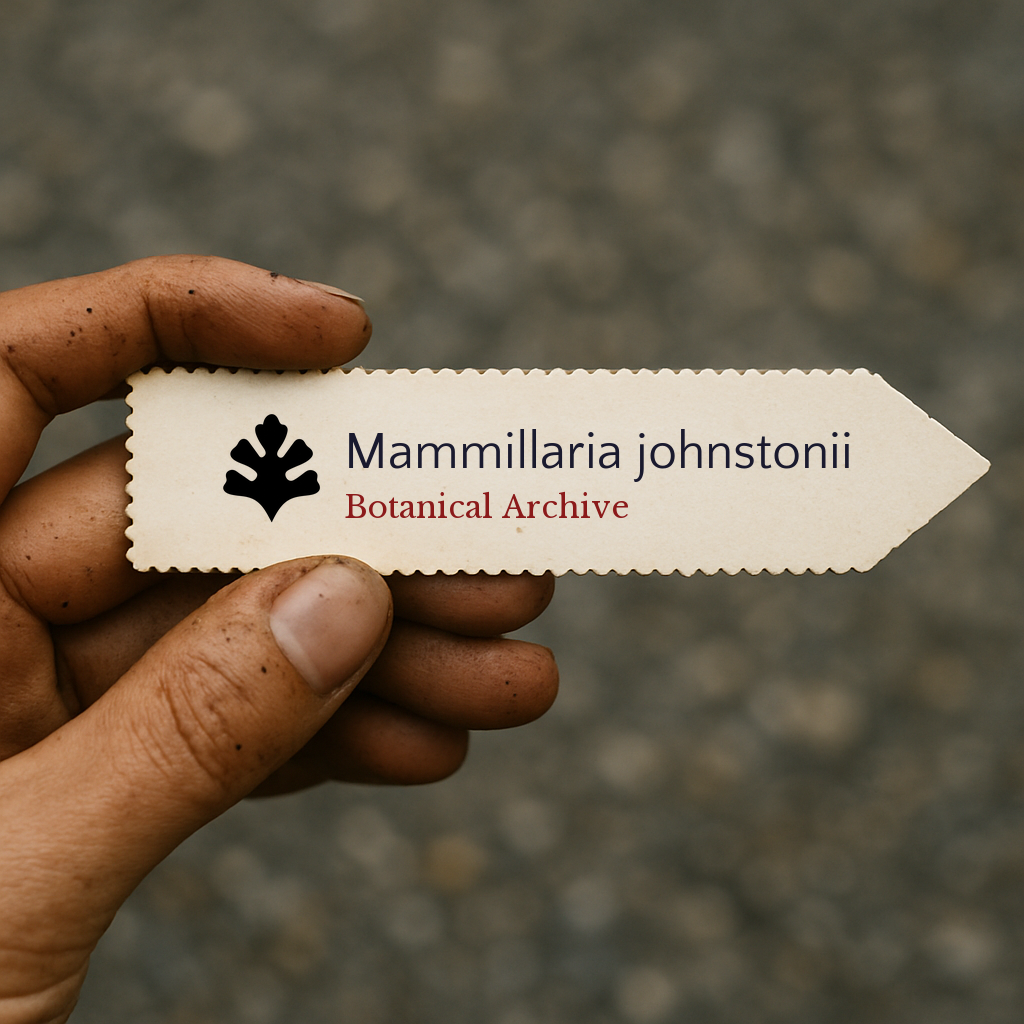 Printed plant label for Mammillaria johnstonii held by hand with dirt background