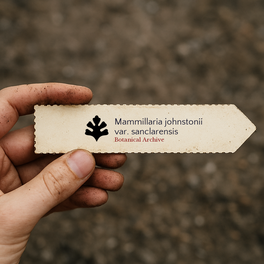 Printed plant label for Mammillaria johnstonii var. sanclarensis held by hand with soil background