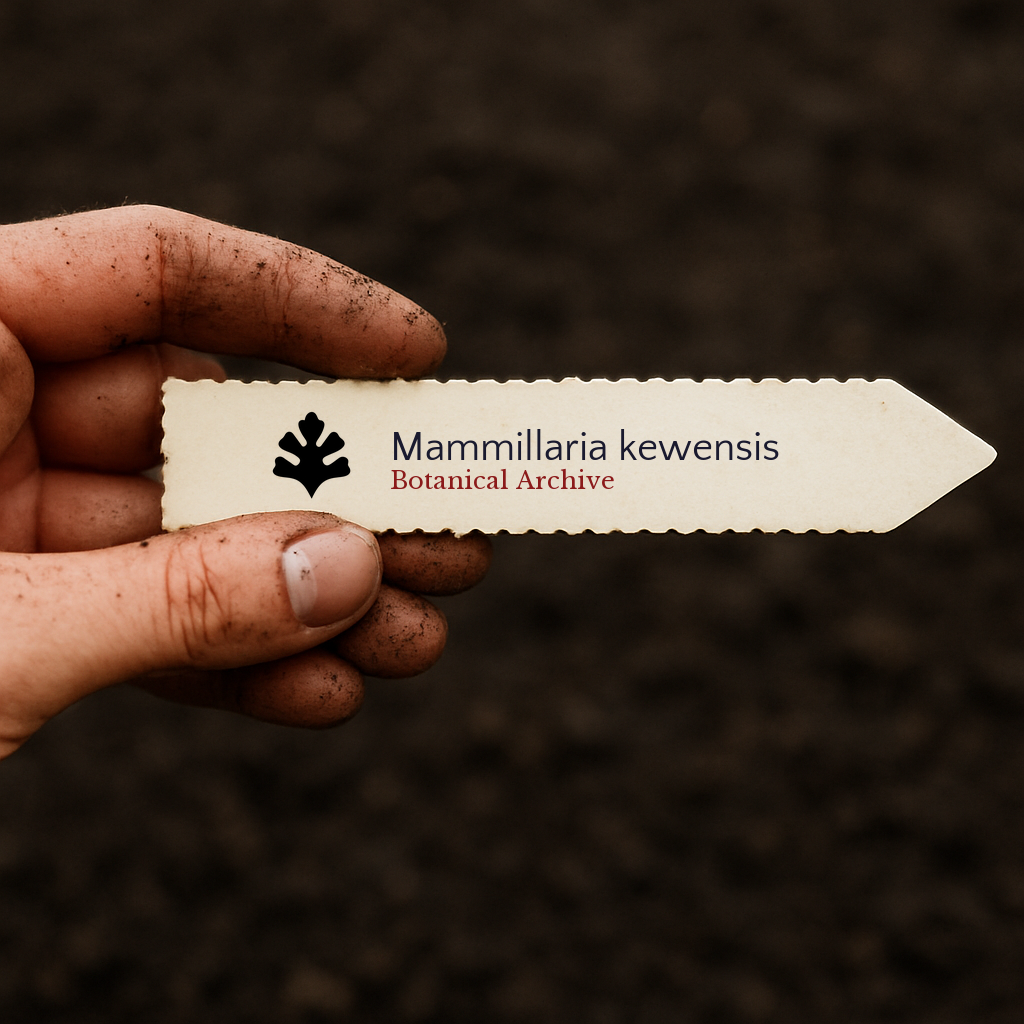 Printed plant label for Mammillaria kewensis held by dirty hand over soil background