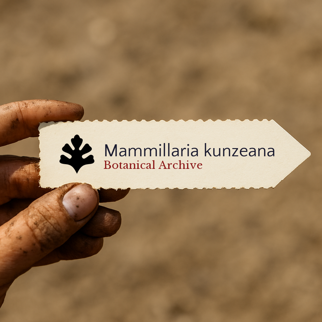 Etichetta plantare stampata per Mammillaria kunzeana tenuta a mano con sfondo di terra