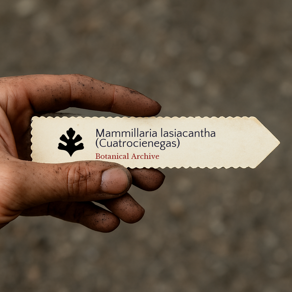 Etichetta stampata per pianta Mammillaria lasiacantha (Cuatrocienegas) tenuta da mano sporca