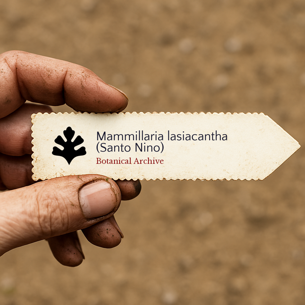 Etichetta per pianta stampata per Mammillaria lasiacantha (Santo Niño) tenuta in mano con sfondo di terra