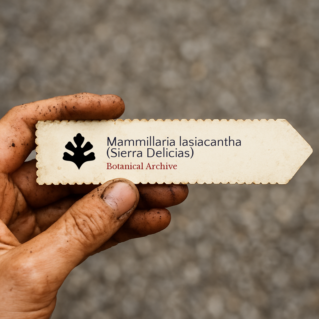 Printed plant label for Mammillaria lasiacantha (Sierra Delicias) held by dirty hand