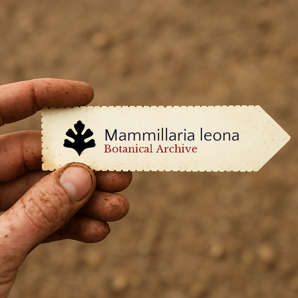 Printed plant label for Mammillaria leona held by dirty hand against soil background