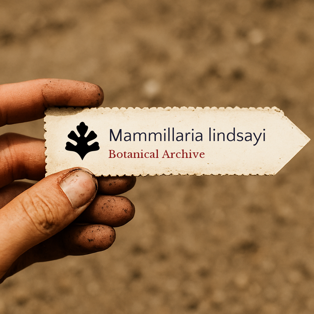 Printed plant label for Mammillaria lindsayi held by dirty hand against soil background