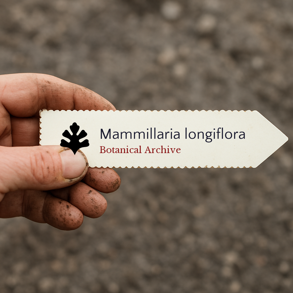 Etichetta stampata per pianta Mammillaria longiflora tenuta a mano con sfondo di terreno