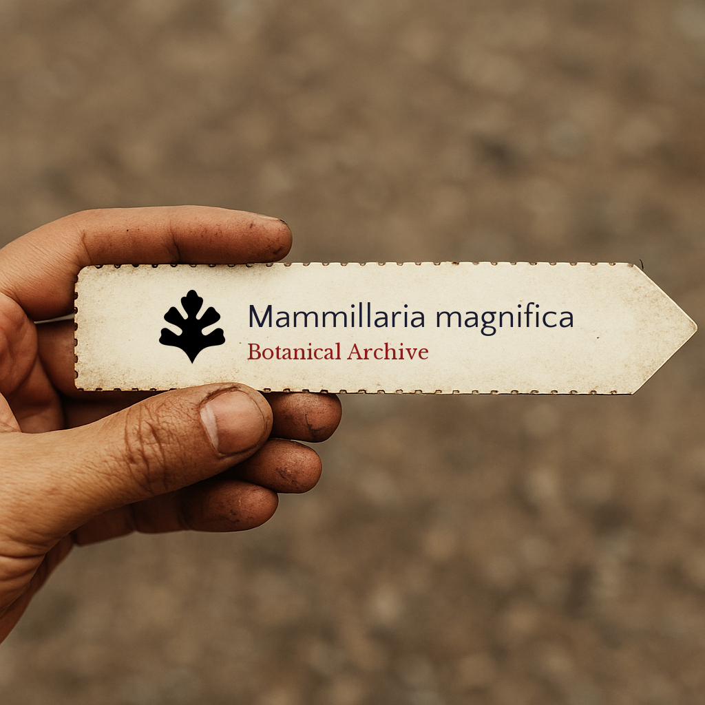 Printed plant label for Mammillaria magnifica held by dirty hand outdoors