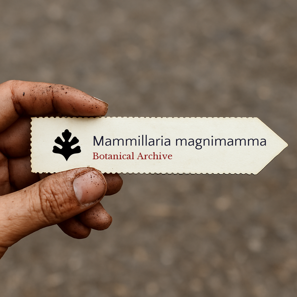 Etichetta stampata per pianta Mammillaria magnimamma tenuta da una mano sporca su sfondo sfocato