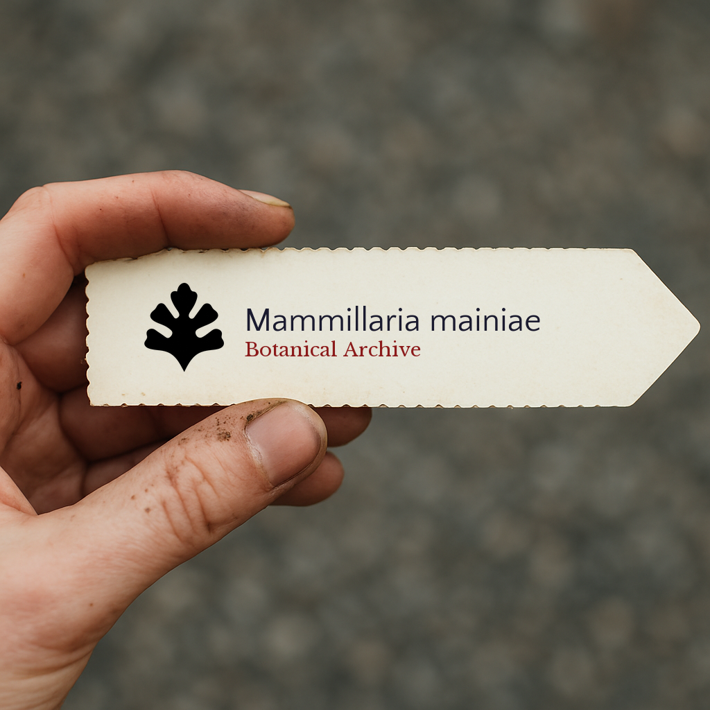 Printed plant label for Mammillaria mainiae held by hand with dirt on fingers