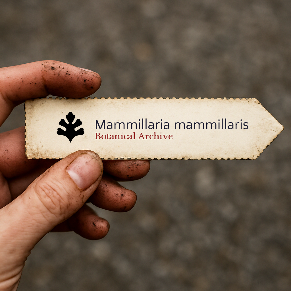Etichetta stampata per pianta di Mammillaria mammillaris tenuta da mano sporca all'aperto