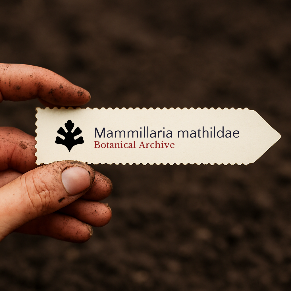 Printed plant label for Mammillaria mathildae held by dirty hand over soil background