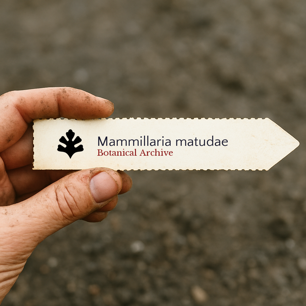 Printed plant label for Mammillaria matudae held by dirty hand over soil background