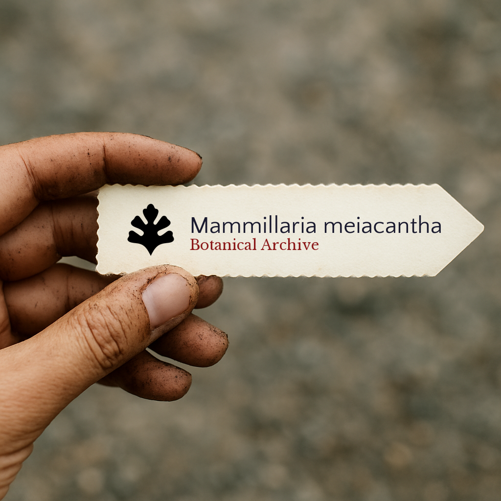 Printed plant label for Mammillaria meiacantha held by dirty hand outdoors