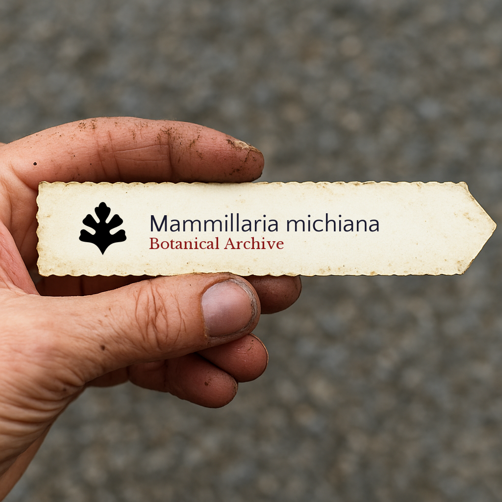 Etichetta per piante stampata per Mammillaria michiana tenuta a mano con terra sulle dita