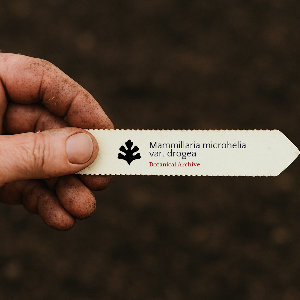 Etichetta per pianta di Mammillaria microhelia var. drogea tenuta a mano con sfondo di terra